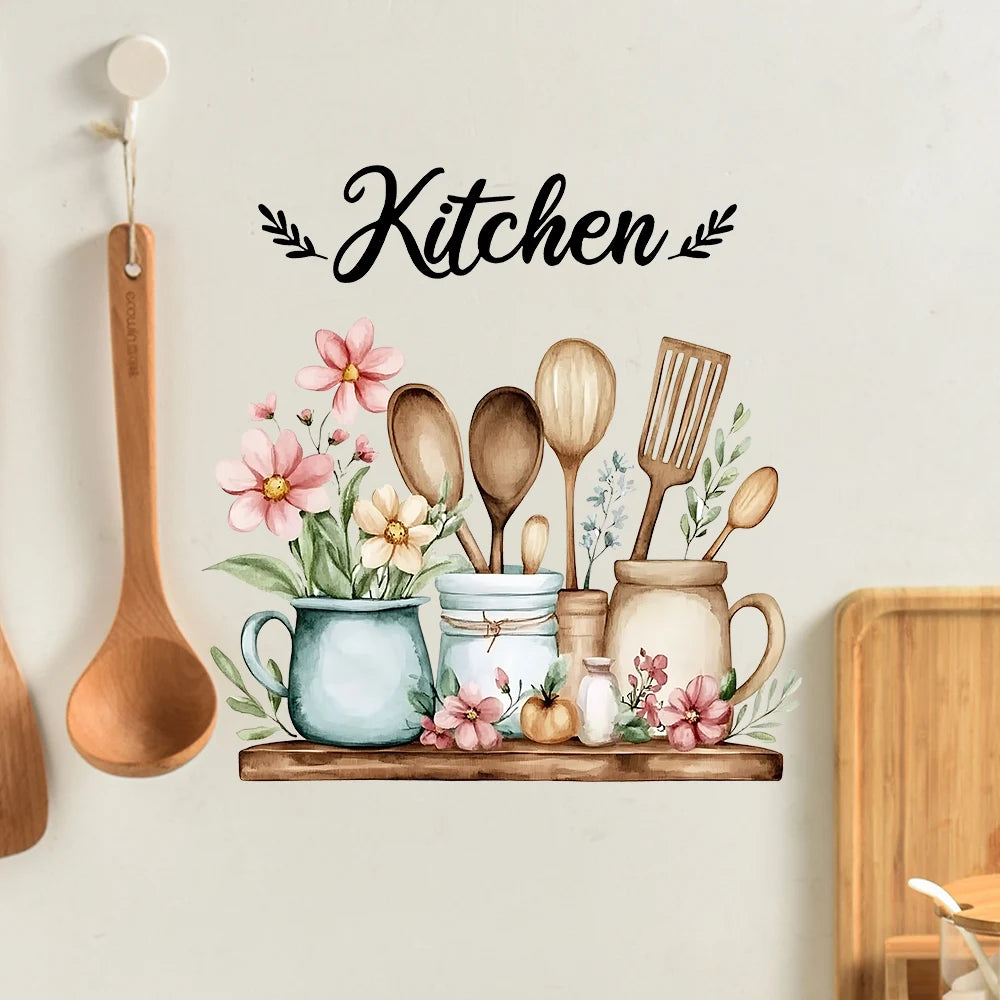 autocollant mural multicolore fleurs ustensiles cuisine texte kitchen illustration décoration maison nouvelle classe post