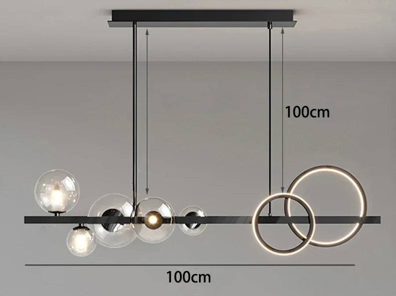suspension lumineuse moderne noir doré verre transparent anneaux lumineux globes contemporains