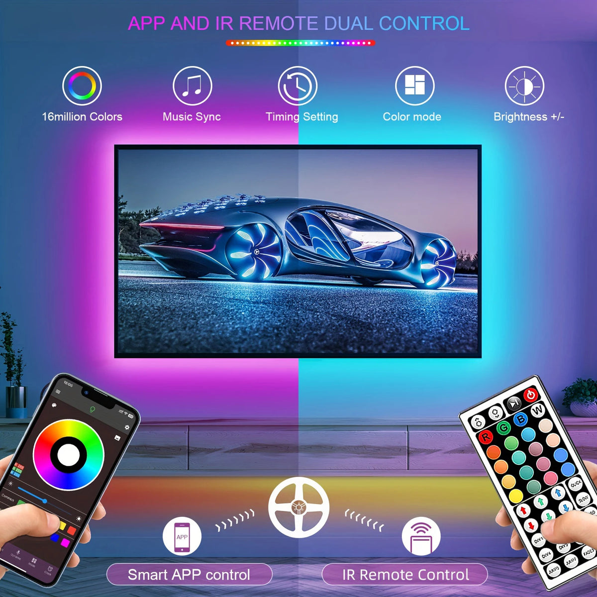 Ruban LED RGB installé derrière un canapé