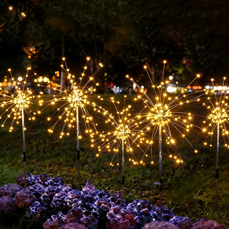 lumières solaires feux d'artifice blanc jaune multicolore moderne étoiles lumineuses filaments tringle sol installationextérieur