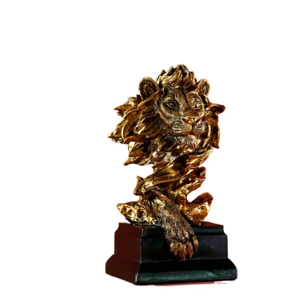 statue lion décorative bois imitation détaillée moderne ornement entrée beige doré argenté