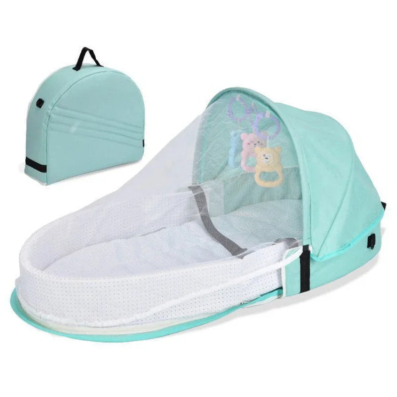 lit pliable bébé bleu clair coussin mousse filet anti moustiques porte clés jouets moderne