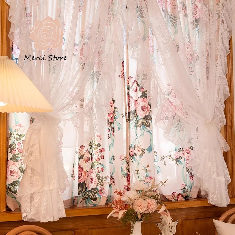 rideau dentelle fleurs vintage blanc rose vert transparent fenêtre chambre fille