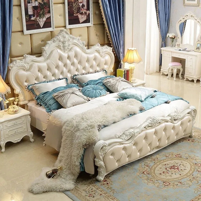 lit double rustique européen tufté blanc rose pâle ornements sculptés moderne chambre coucher