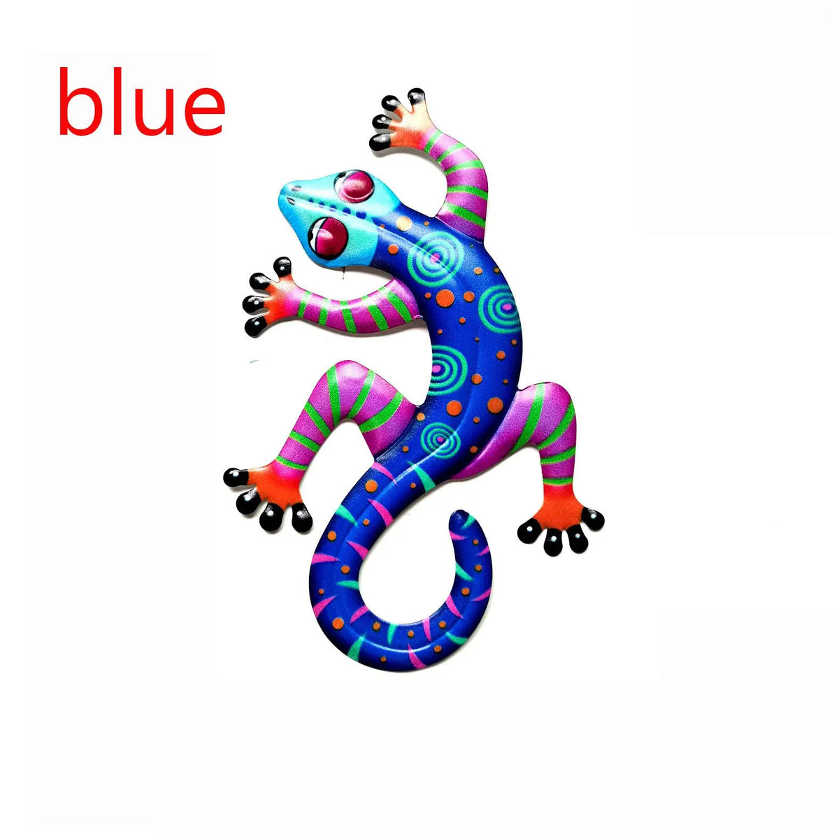 figurine lézard rouge rose vert jaune bleu artisanal métal décoration murale extérieure jardin