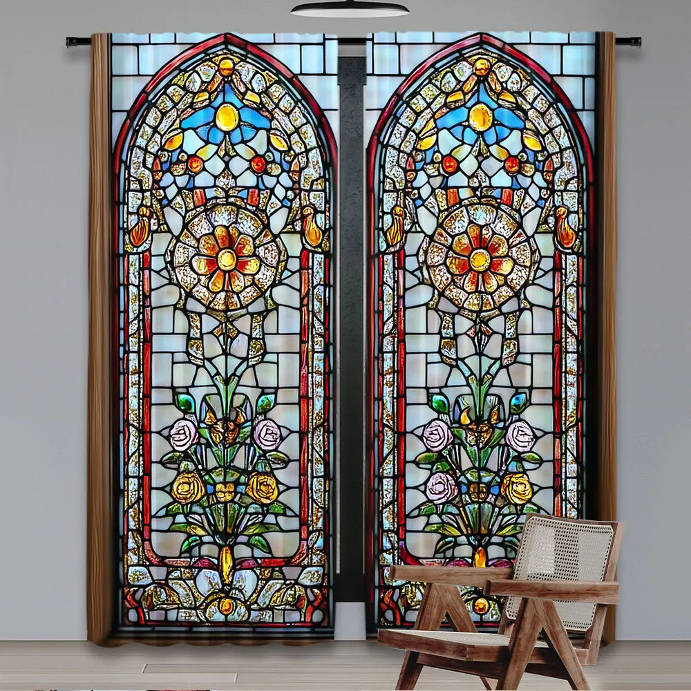rideaux deux pièces motifs floraux semi transparent vitrail couleurs vives rouge bleu violet