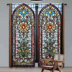 rideaux deux pièces motifs floraux semi transparent vitrail couleurs vives rouge bleu violet