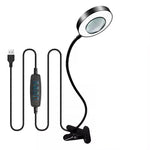 lampe multifonctionnelle loupe 10x clip modes couleurs variateur luminosité led noir moderne