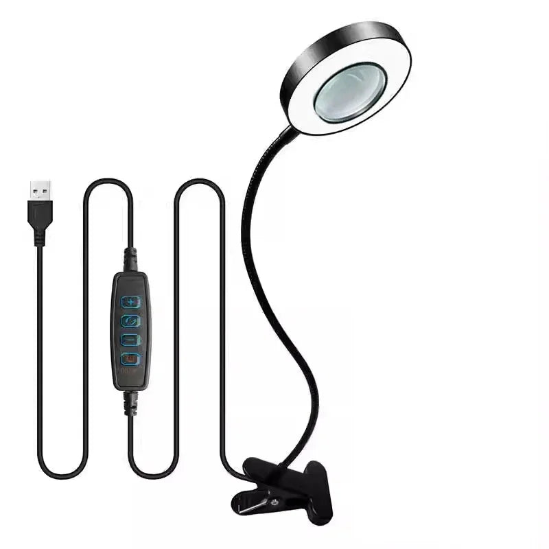 lampe multifonctionnelle loupe 10x clip modes couleurs variateur luminosité led noir moderne