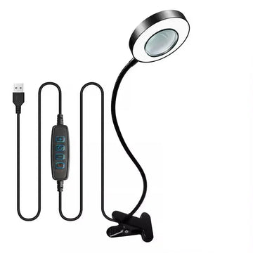 lampe multifonctionnelle loupe 10x clip modes couleurs variateur luminosité led noir moderne