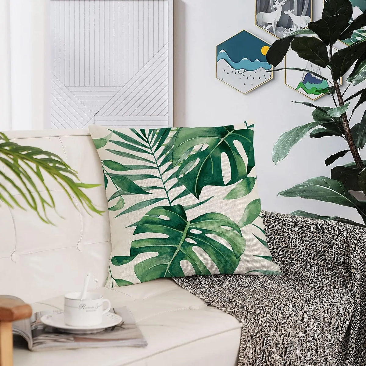 taies oreiller motif feuilles tropicales verte blanche modernes décoratives carrées 40x40cm 45x45cm