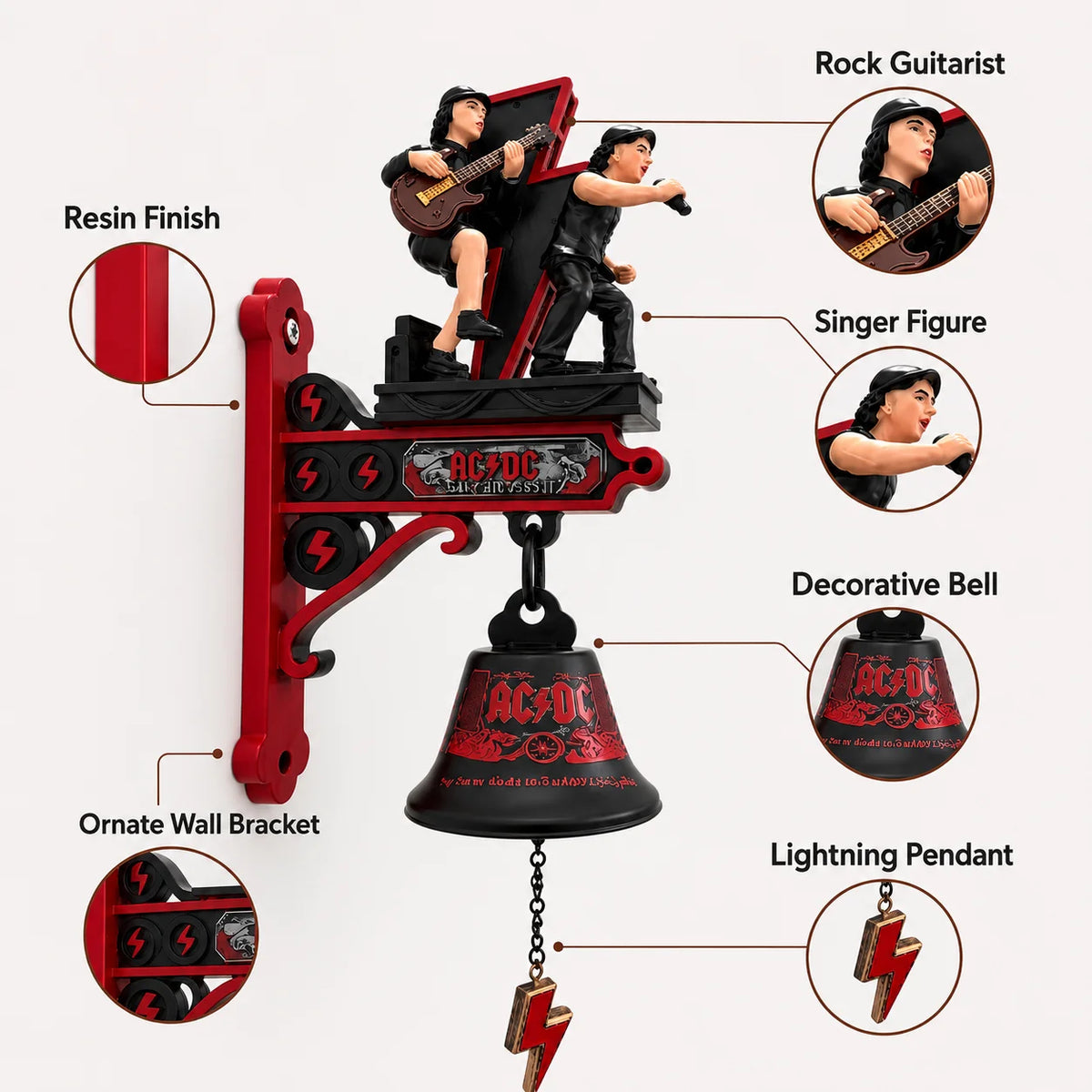 cloche décorative résine figurines ac/dc rock mural artisanal rouge noir foudre guitarist