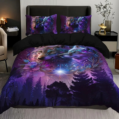 Parure de lit loup violette housse couette 3 pièces