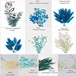 bouquet fleurs séchées bleu blanc vert plumes eucalyptus décoration maison anniversaire mariage