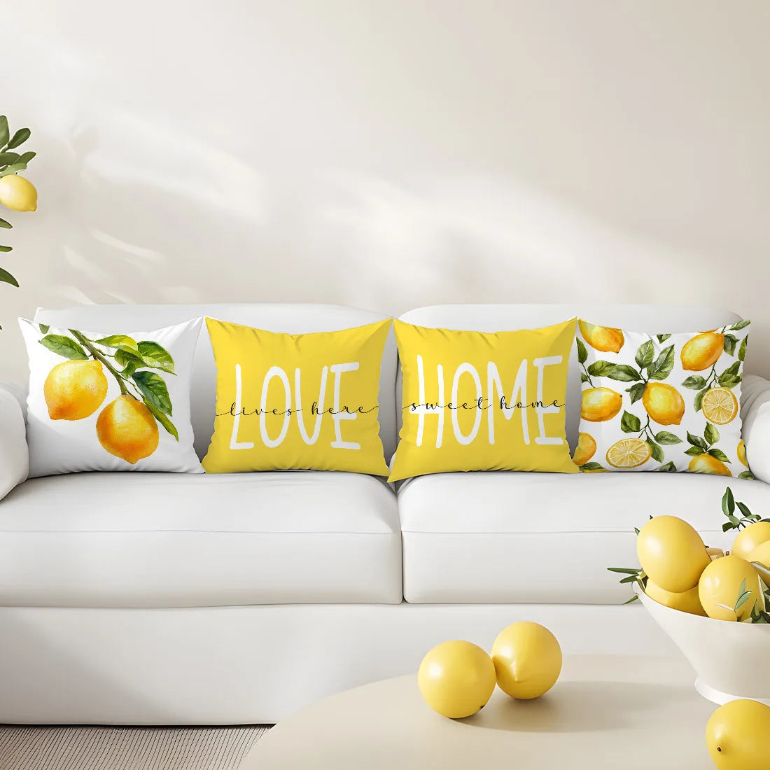 housses coussin citron blanc feuilles vertes moderne 45x45cm zip invisible polyester