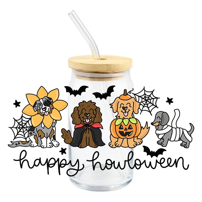 tasse verre couvercle bois ballons animaux fleurs halloween goess spooky transparent unique