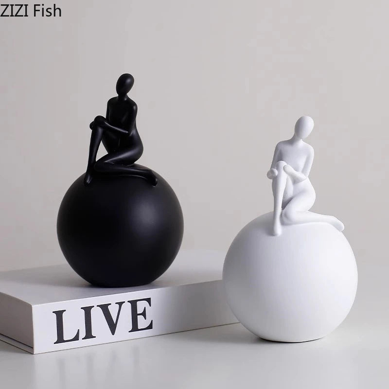 statuette moderne minimaliste noir blanche résine abstraction géométrique décoration créative esthétique