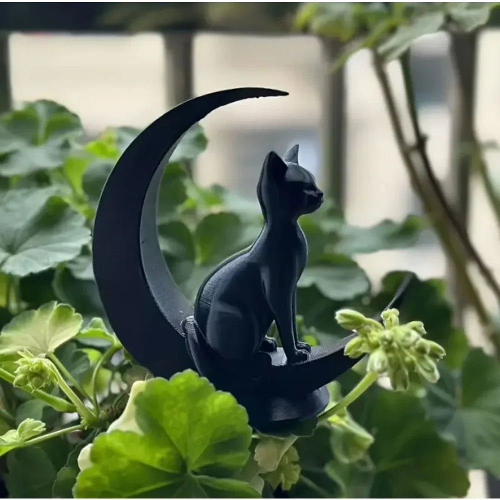statue chat noir lune art deco decoration intérieure unique moderne 3d fantaisie