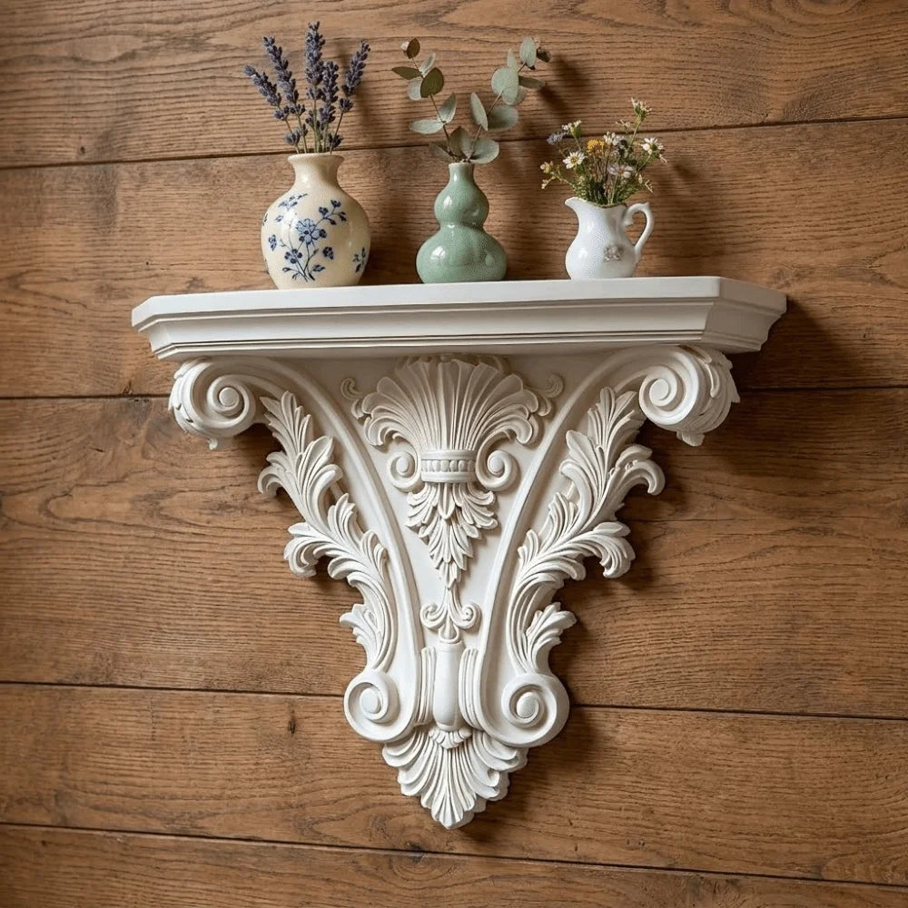 étagère murale décorative sculptée blanc noir bougies cristaux livres vases motifs ornementaux fixations murales