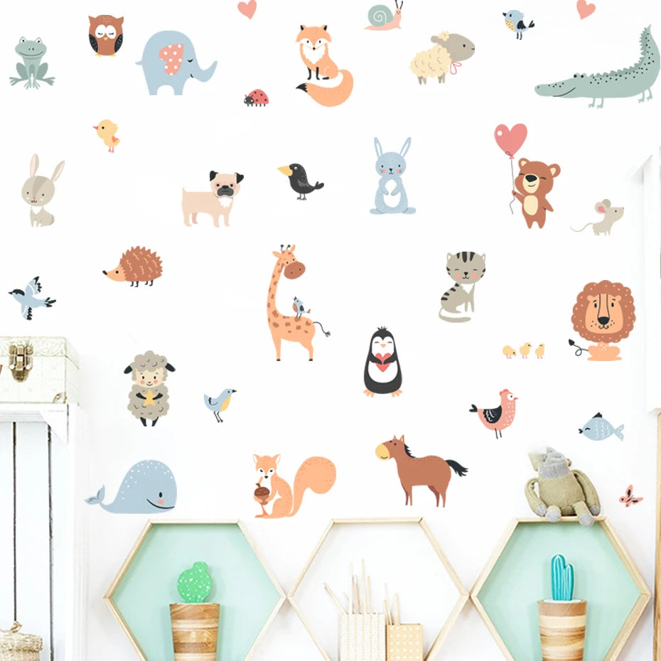 sticker mural animal dessin animé éléphant girafe léopard décoration enfant chambre boho