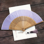 éventail traditionnel violetclair noir rouge vertpastel soie bambou rayures horizontales pompon