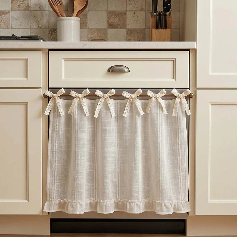 jupe meuble tissu texturé finies rayures beige clair bord frangé rustique vintage attaches nœuds