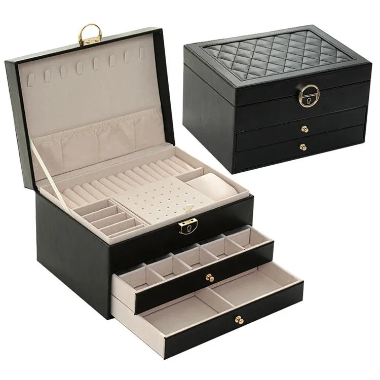 boîte rangement bijoux cuir motifs géométriques compartiments velours classique vert noir blanc rose chic