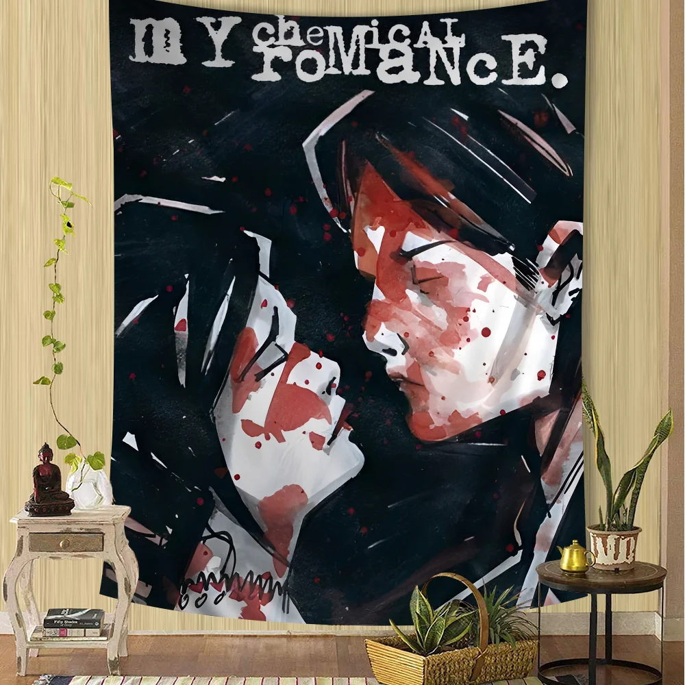 tapisserie murale décorative rock illustration artistique personnages texte noir blanc rouge