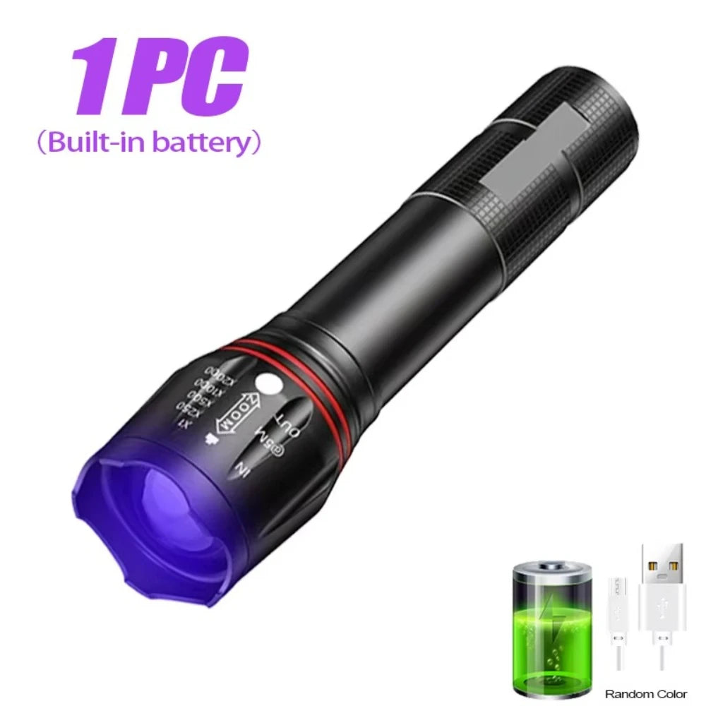 lampe torche uv rechargeable 395nm noir texturé modernes modes lumineux haut bas clignotant