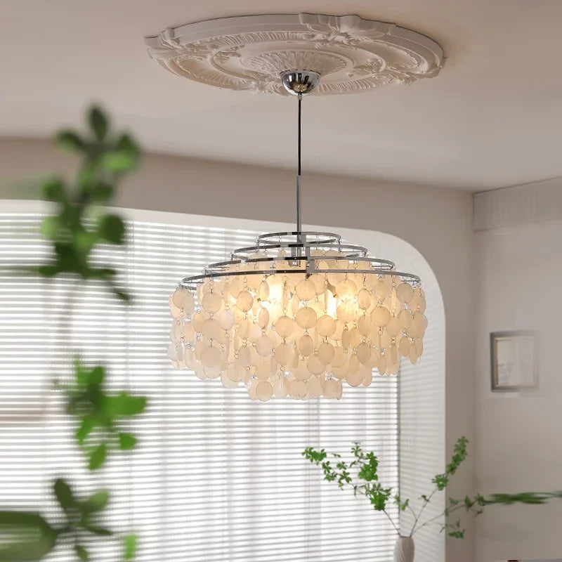 lustre suspension moderne rond couches superposées blanc beige élégant luminaire intérieur salon chambre