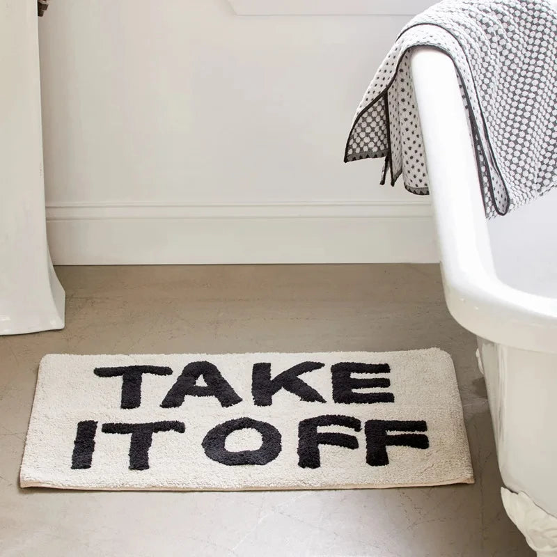 tapis bain blanc lettres noires brodées moderne absorbant antidérapant respectueux environnement texture épaisse salles