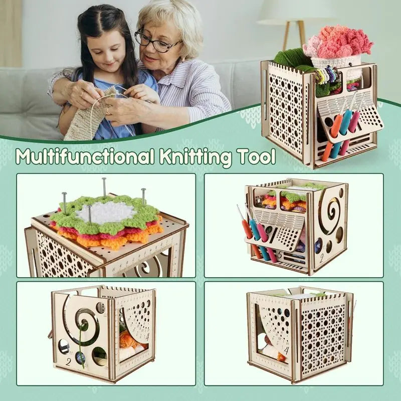boîte outils tricot bois naturel motifs géométriques aiguilles ciseaux ruban bobines modernes rangement tricots