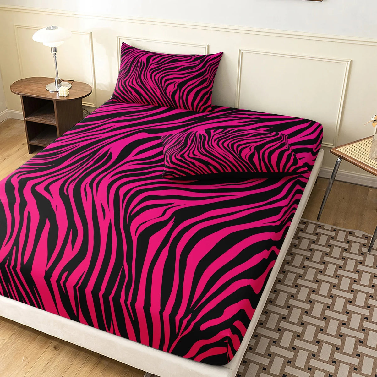 parure lit pièces drap housse taies oreiller rayures rose noir moderne