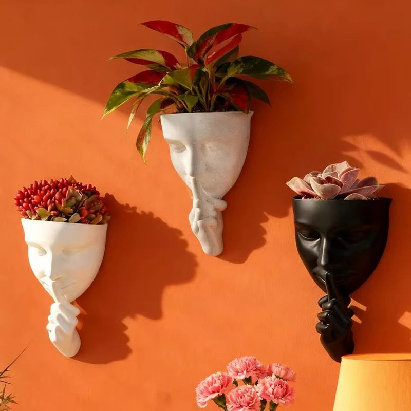pots résine muraux tête humaine moderne blanc gris noir décoratif plantes fleurs
