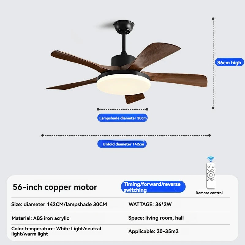 ventilateur moderne noir bois lampe led télécommande flux lumineux haute performance