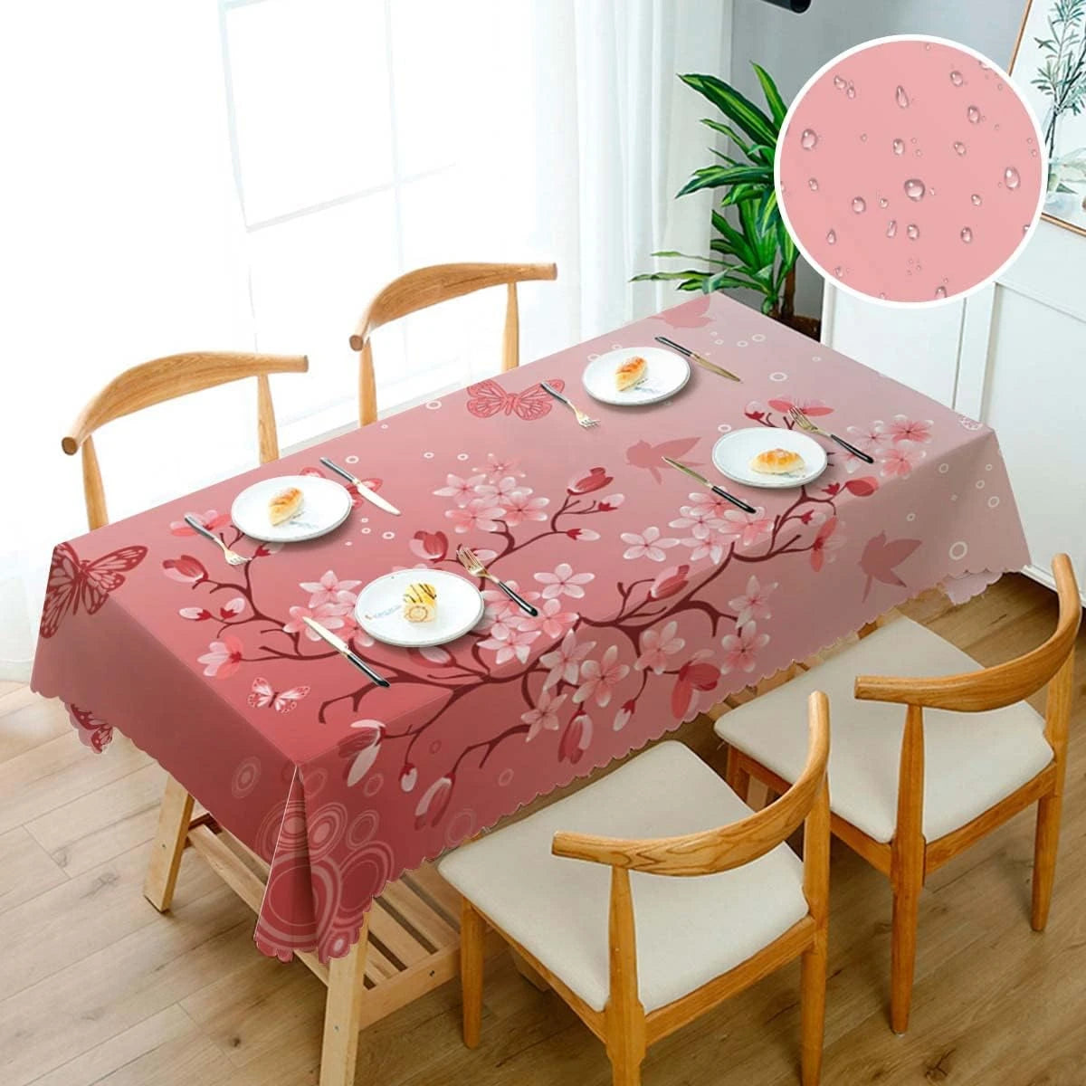nappe table moderne fleurs cerisier rose papillons motifs floraux réutilisable polyester dimension 132cm 178cm