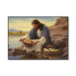 La peinture montre un homme barbu en vêtements traditionnels assis sur un rocher près d'un lac, tenant un panier de poissons fraîchement pêchés.