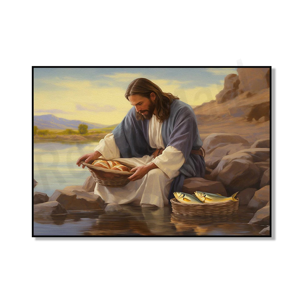 La peinture montre un homme barbu en vêtements traditionnels assis sur un rocher près d'un lac, tenant un panier de poissons fraîchement pêchés.