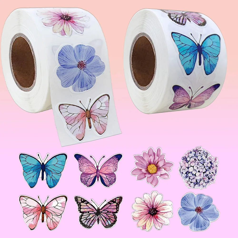 stickers papillons fleurs bleu rose violet blanc adhésifs décoration diy 500 rouleau 2,5cm illustration