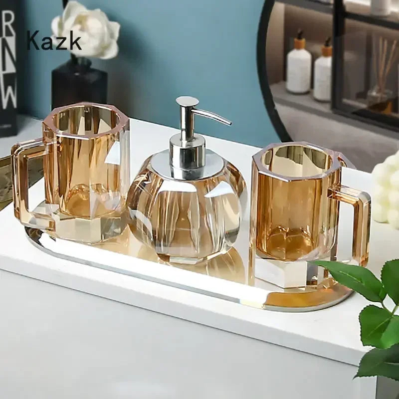 ensemble accessoires salle bain cristal transparent distributeur savon gobelet plateau doré luxe