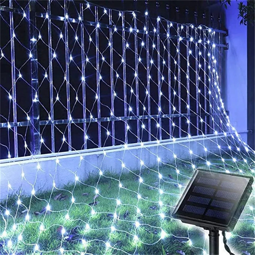filet lumineux solaire blanc moderne télécommande panneau solaire fixations œilletsextérieur jardinDecorationFete