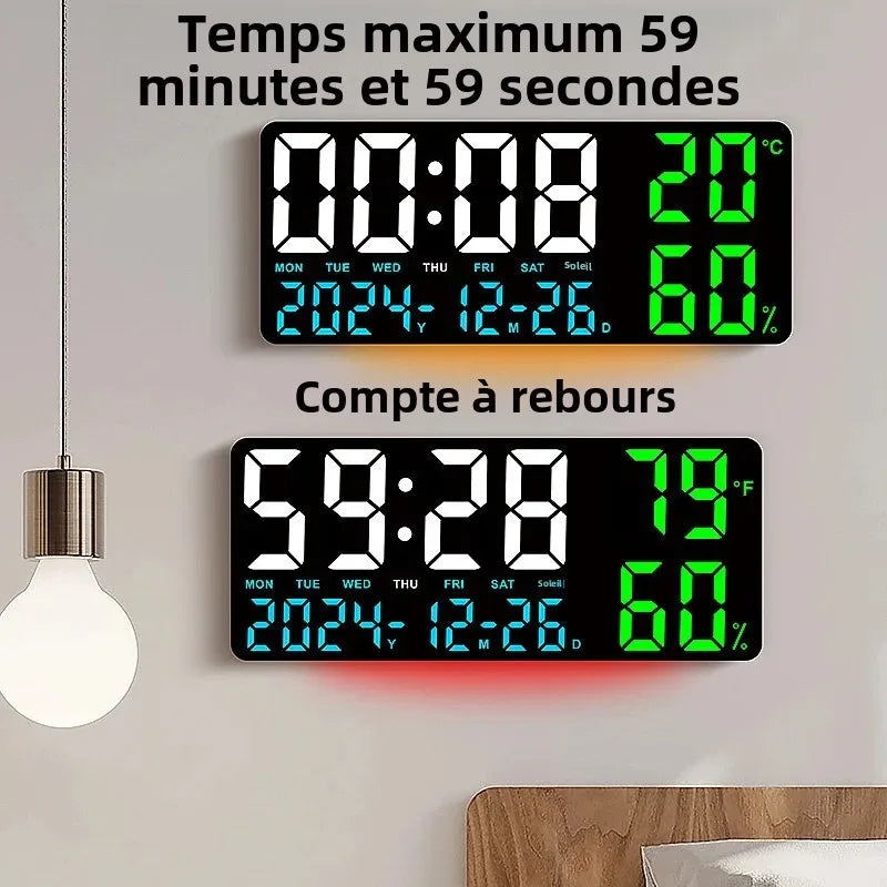 horloge murale digitale noir bleu vert compte rebours température humidité moderne lumineuse