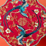 éventail traditionnel brodé oiseaux fleurs chinois rouge bleu doré poignée pompon