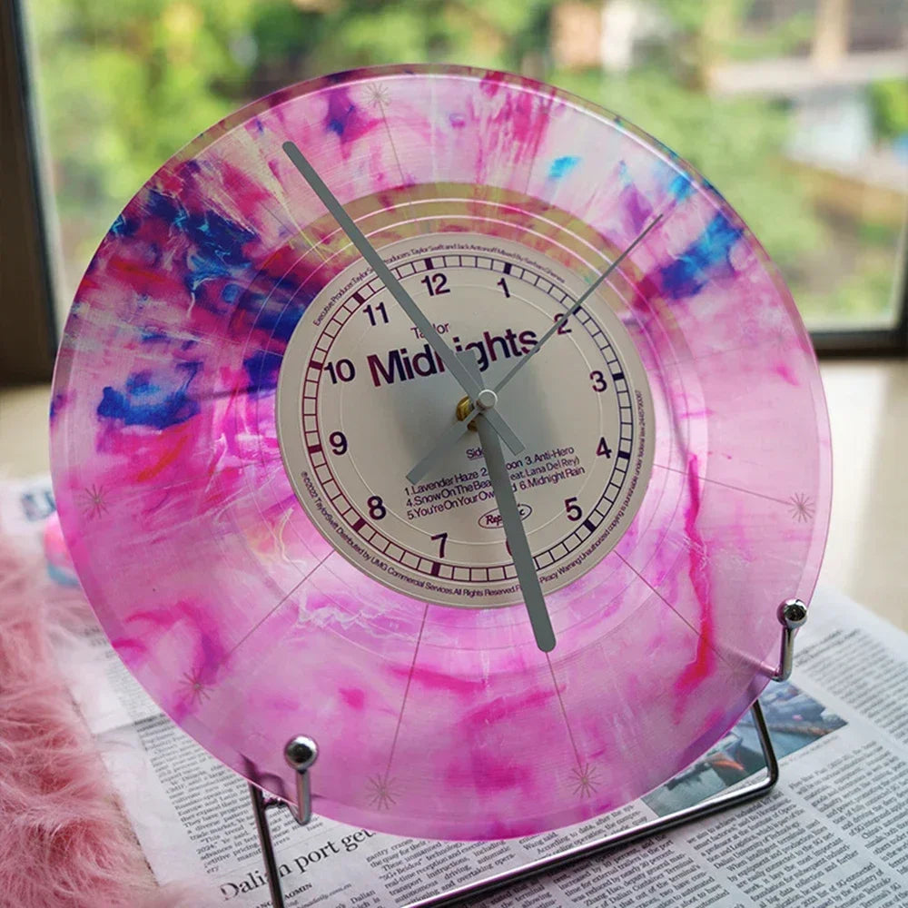 horloge murale moderne abstraite violet rose vert marbrée sans piles salon chambre coucher