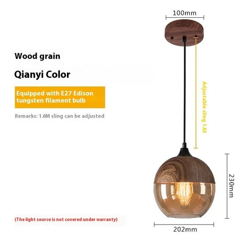 suspension lumineuse moderne bois marron clair verre brun translucide ampoule filament câble noir chambre