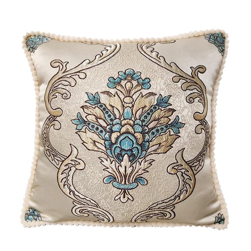 taie d'oreiller polyester broderies florales beige rouge bleu clair marron gris maison hospitalière élégante