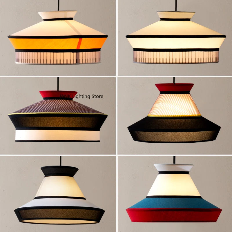 Suspension lumineuse tissu rayures horizontales moderne noir blanc rouge jaune bleu
