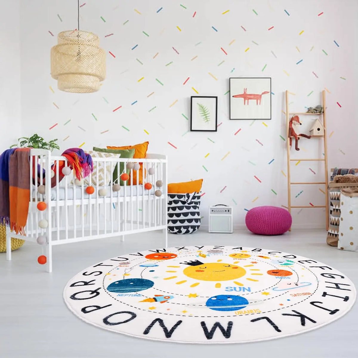 tapis rond moderne alphabet planètes floral chambre enfant éducatif 40cm 80cm 120cm polyester blanc