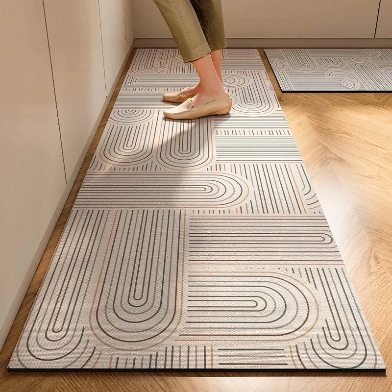 tapis daim antidérapant imperméable moderne minimaliste beige rayures verticales cuisine intérieur