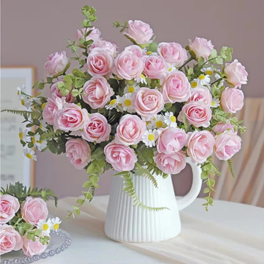 décoration intérieure bouquet fleurs artificielles roses colorées modernes vase blanc anniversaire mariage